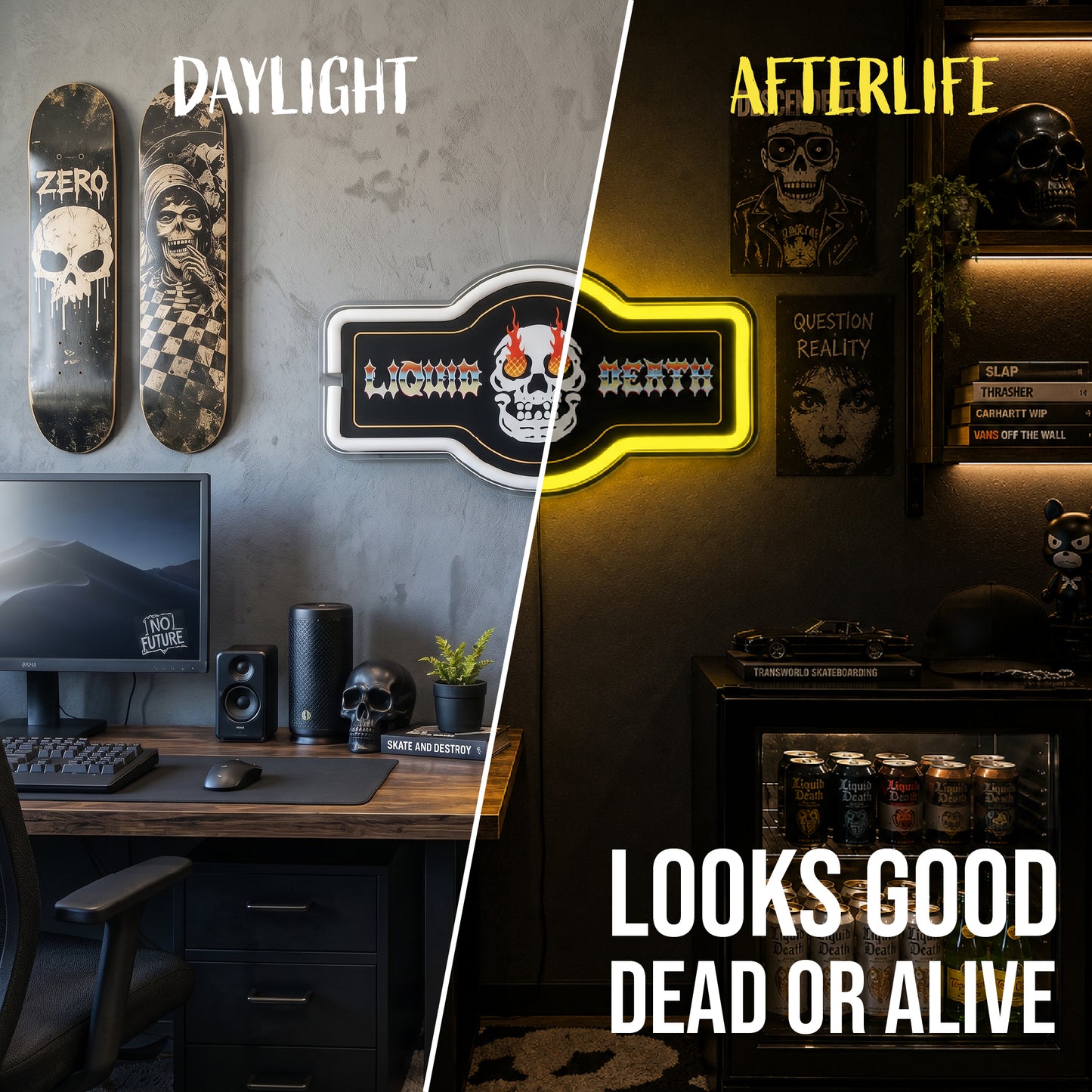 Officially licensed Liquid Death Skull Fire marquee LED neon rope wall sign featuring a flaming skull, bright yellow illuminated border, black background and modern faux neon lighting.