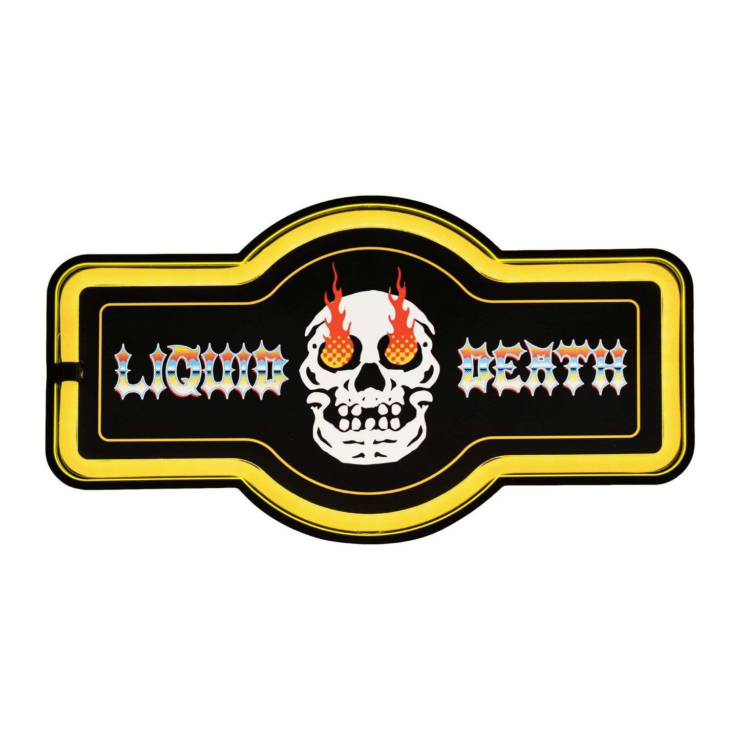 Officially licensed Liquid Death Skull Fire marquee LED neon rope wall sign featuring a flaming skull, bright yellow illuminated border, black background and modern faux neon lighting.