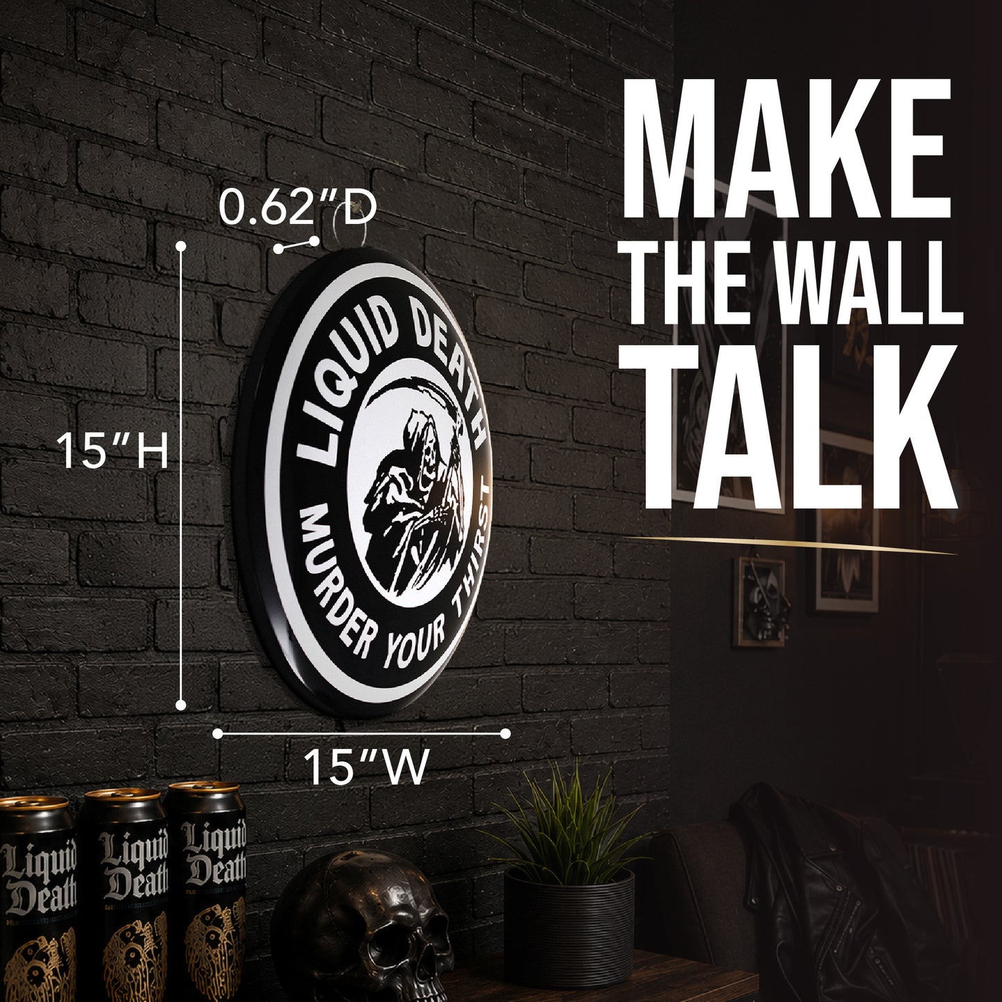 Officially licensed Liquid Death Murder Your Thirst embossed round dome metal wall sign featuring the Grim Reaper logo in black and white with a vintage industrial design.