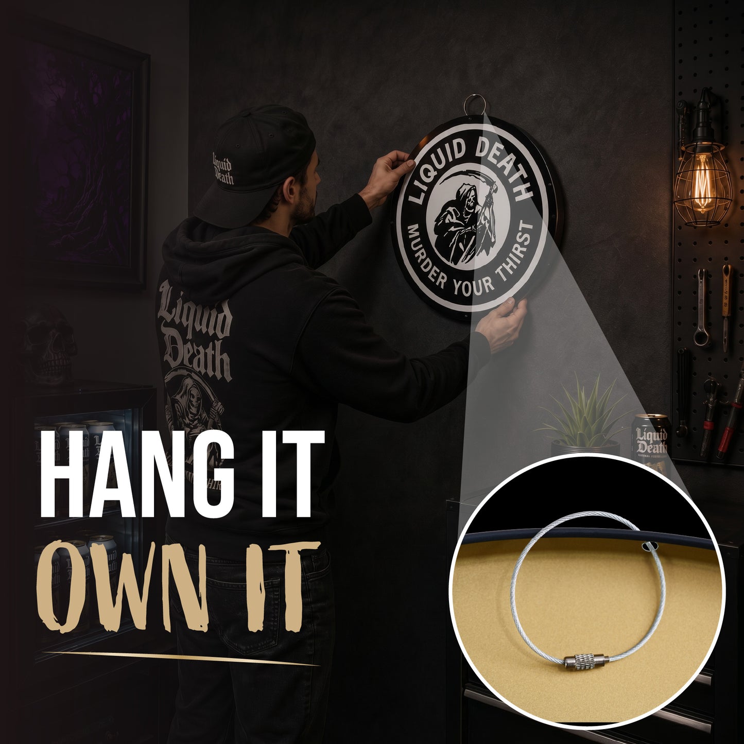 Officially licensed Liquid Death Murder Your Thirst embossed round dome metal wall sign featuring the Grim Reaper logo in black and white with a vintage industrial design.