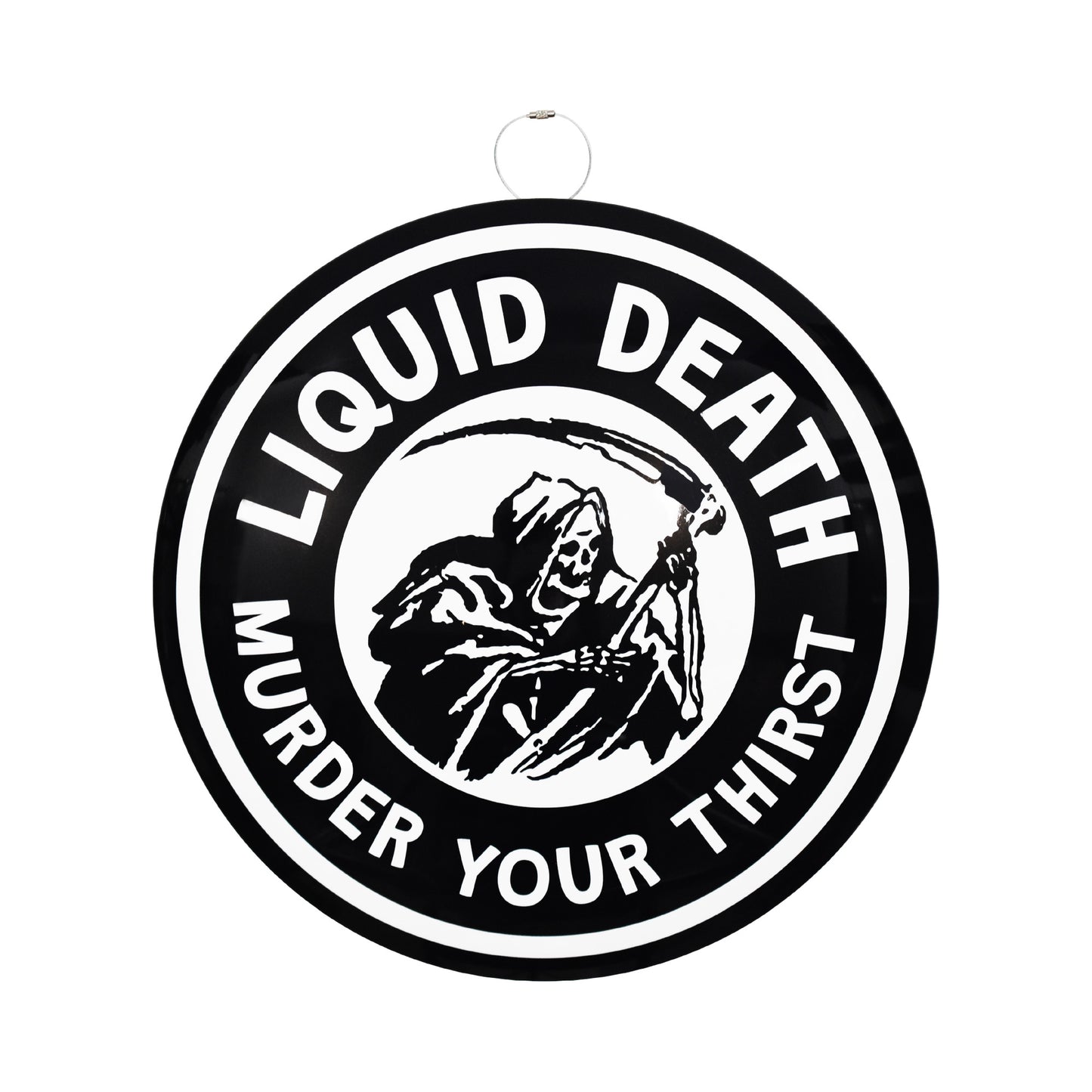 Officially licensed Liquid Death Murder Your Thirst embossed round dome metal wall sign featuring the Grim Reaper logo in black and white with a vintage industrial design.