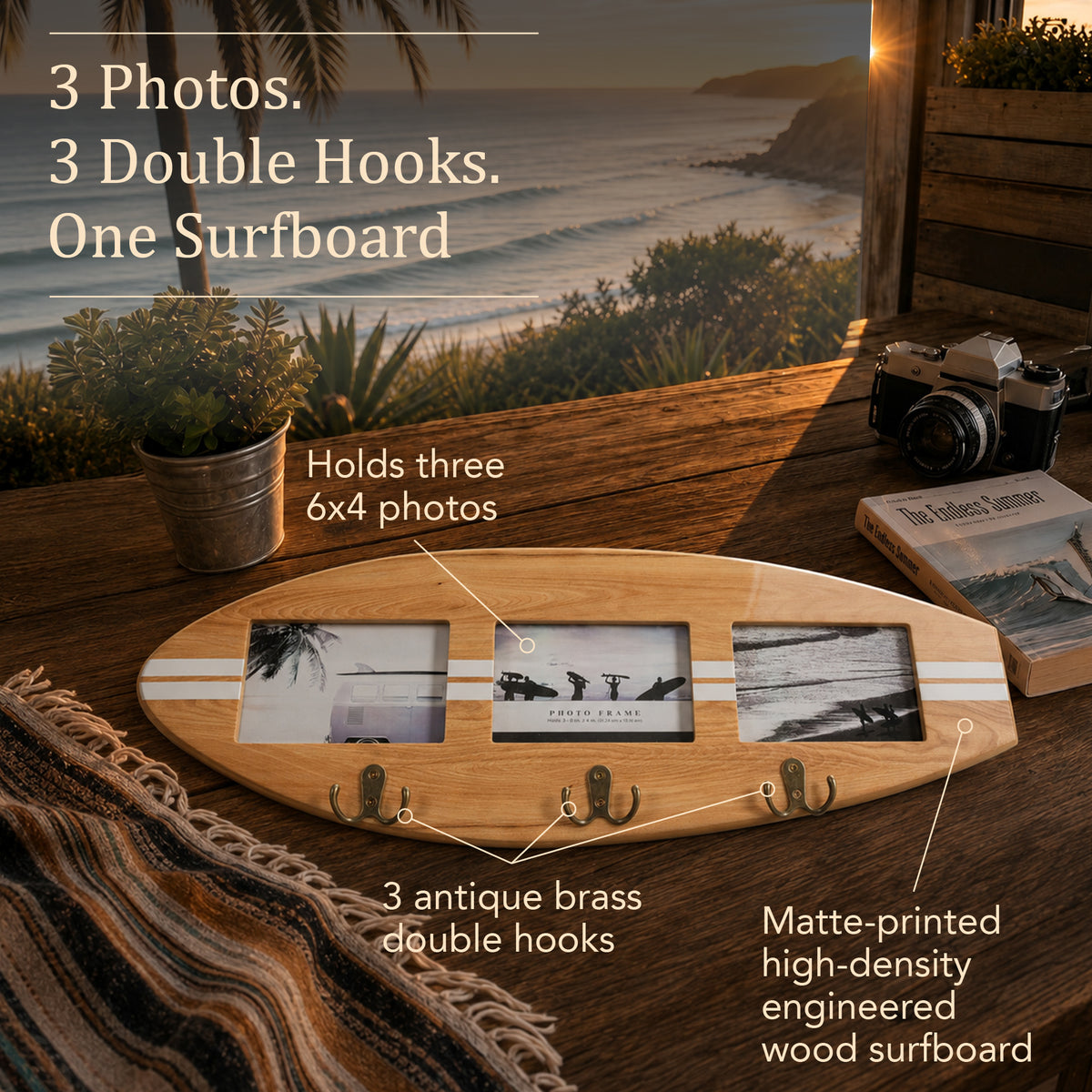 Wood grain surfboard photo collage frame with white stripes, three 6 x 4 photo openings and three antique brass double hooks for coastal entryway wall decor.