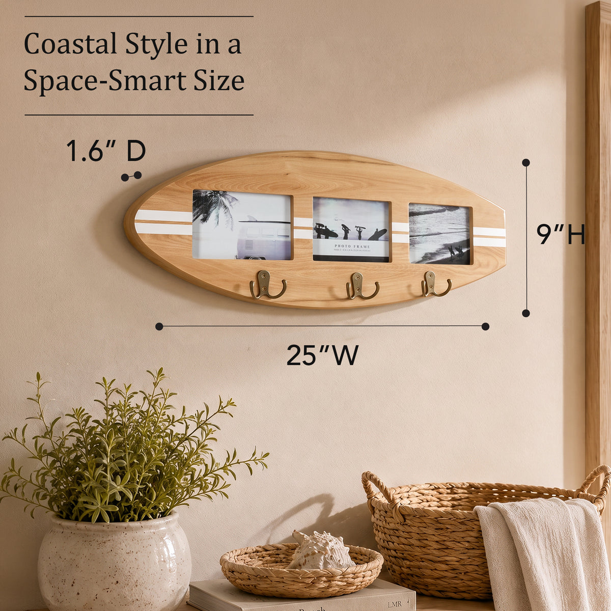 Wood grain surfboard photo collage frame with white stripes, three 6 x 4 photo openings and three antique brass double hooks for coastal entryway wall decor.