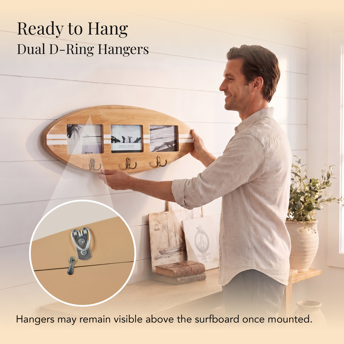 Wood grain surfboard photo collage frame with white stripes, three 6 x 4 photo openings and three antique brass double hooks for coastal entryway wall decor.