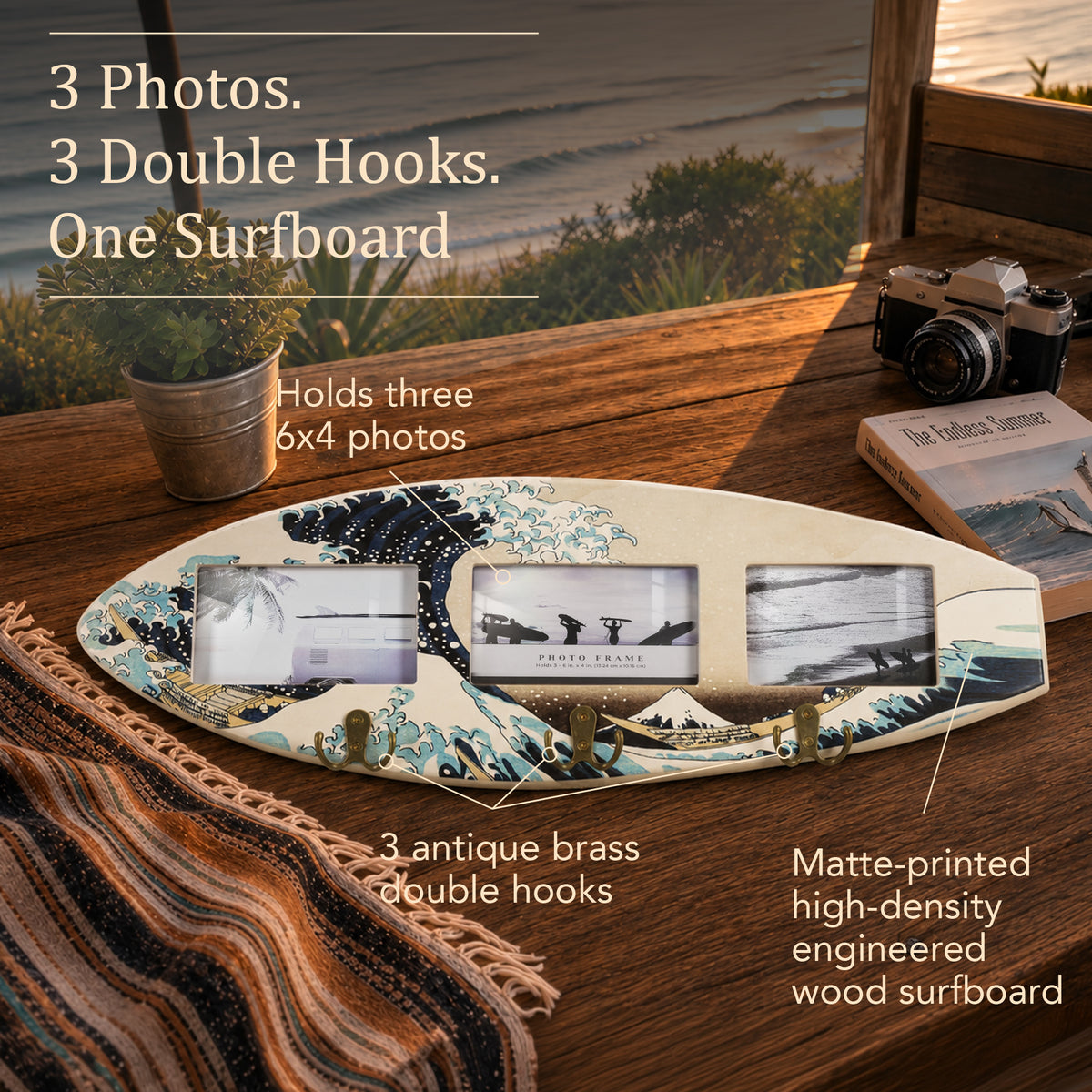 Great Wave surfboard photo collage frame with three 6 x 4 photo openings and three antique brass double hooks for coastal entryway, bedroom or dorm wall decor.