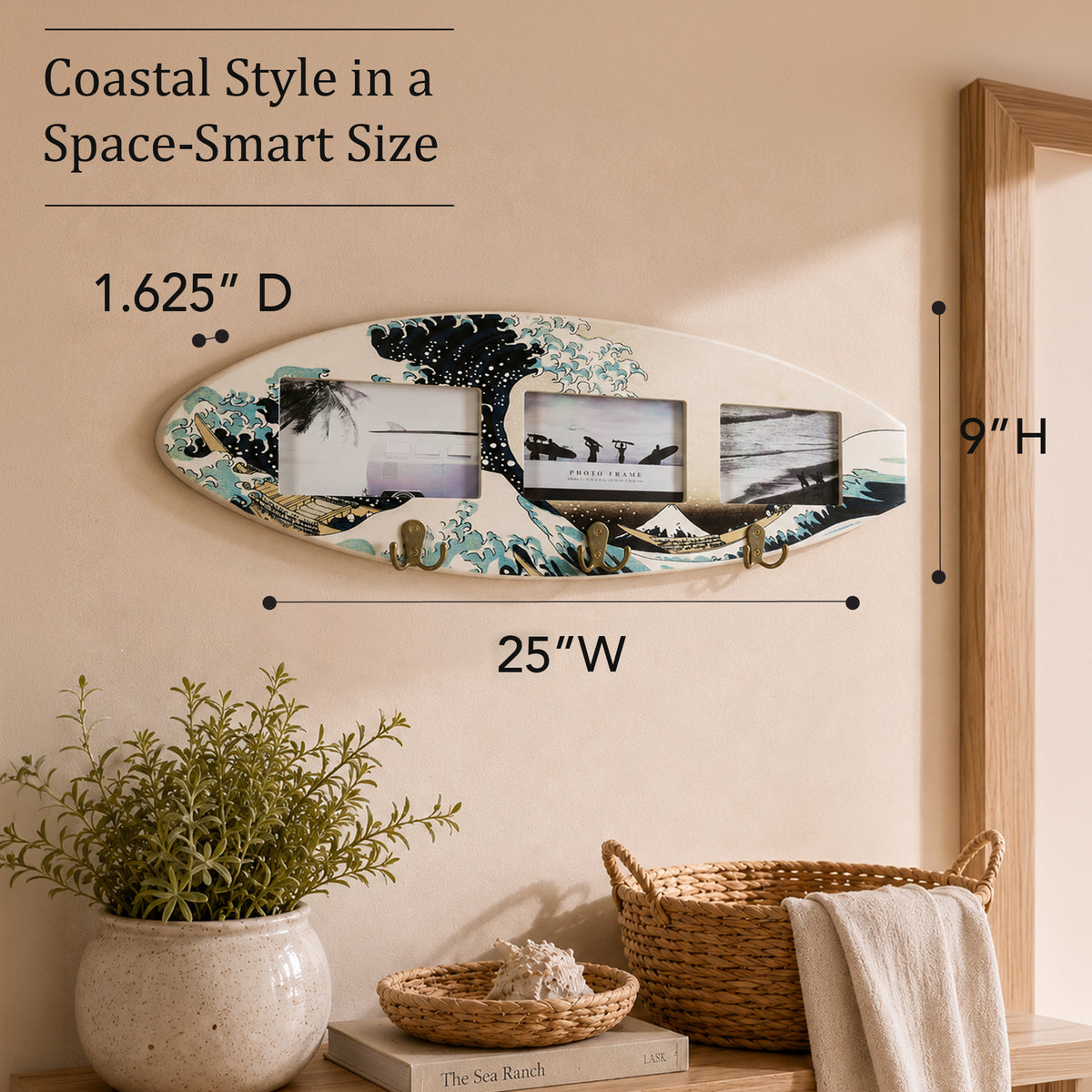 Great Wave surfboard photo collage frame with three 6 x 4 photo openings and three antique brass double hooks for coastal entryway, bedroom or dorm wall decor.