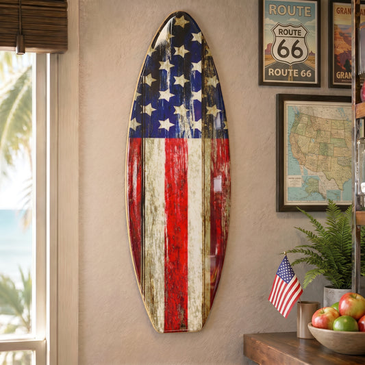 Rustic American Flag Surfboard Plaque featuring distressed Stars and Stripes artwork on a wood-look MDF surfboard, ideal for patriotic homes, beach houses, lake houses, cabins, patios, and coastal décor.