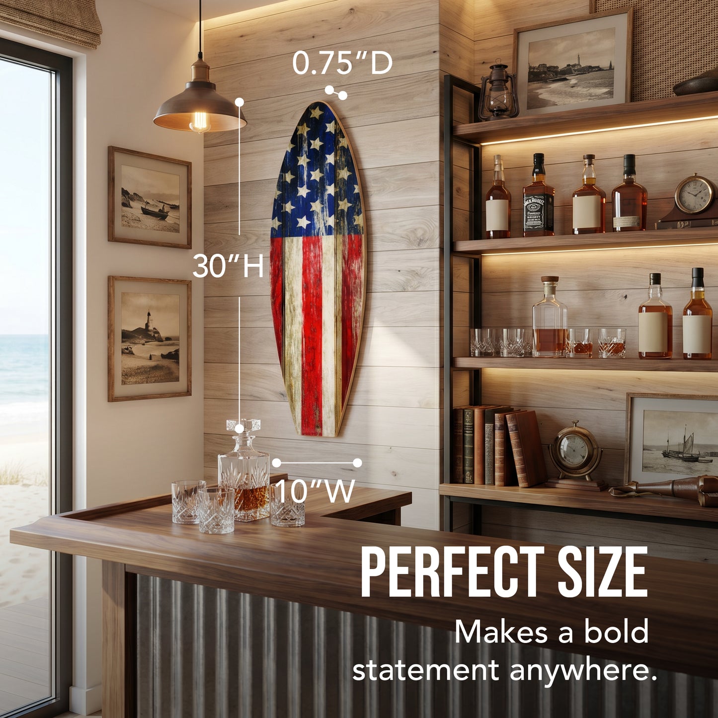Rustic American Flag Surfboard Plaque featuring distressed Stars and Stripes artwork on a wood-look MDF surfboard, ideal for patriotic homes, beach houses, lake houses, cabins, patios, and coastal décor.