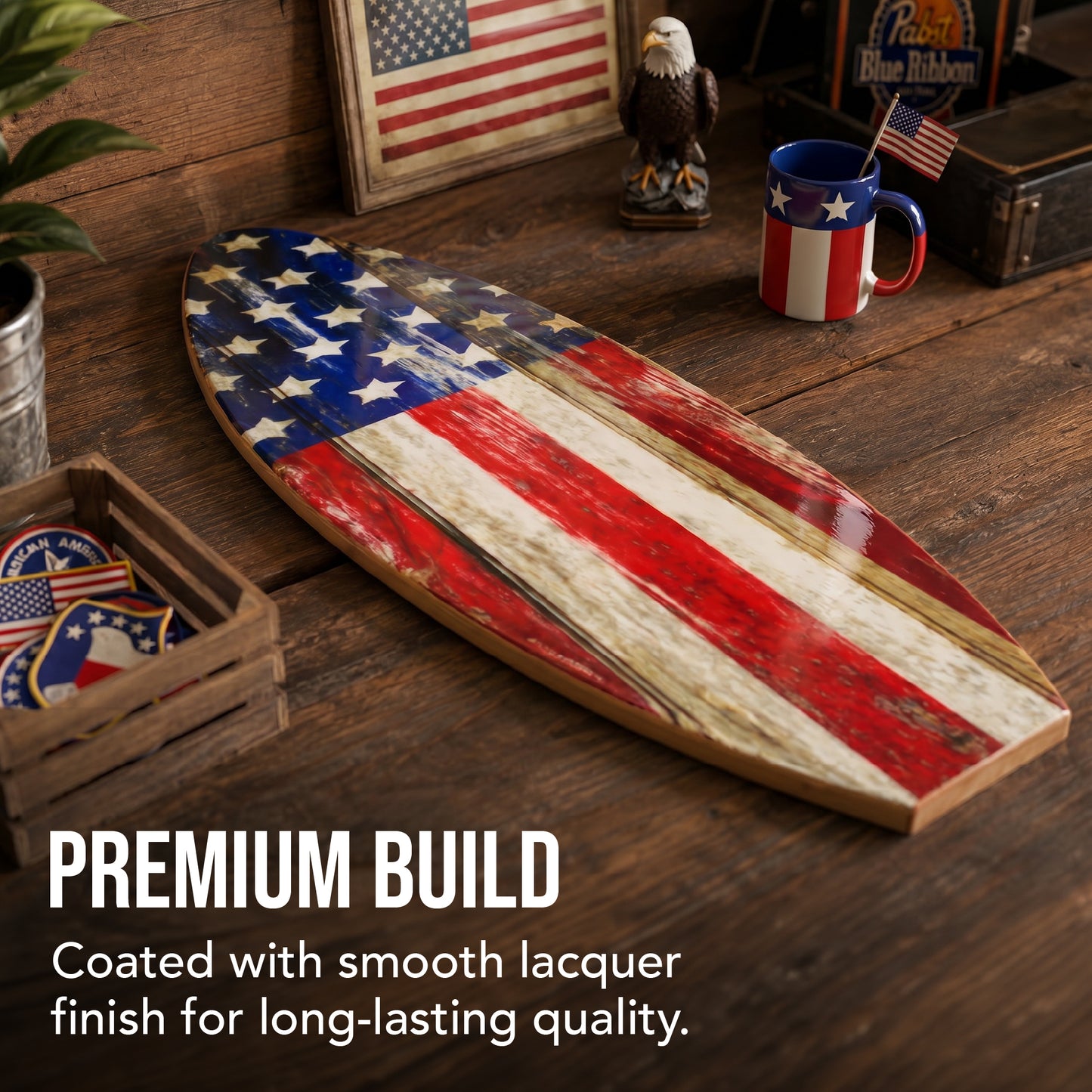 Rustic American Flag Surfboard Plaque featuring distressed Stars and Stripes artwork on a wood-look MDF surfboard, ideal for patriotic homes, beach houses, lake houses, cabins, patios, and coastal décor.