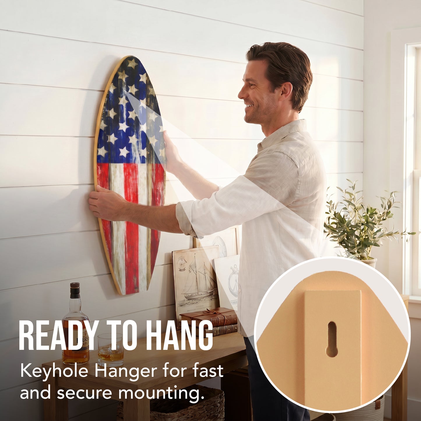 Rustic American Flag Surfboard Plaque featuring distressed Stars and Stripes artwork on a wood-look MDF surfboard, ideal for patriotic homes, beach houses, lake houses, cabins, patios, and coastal décor.