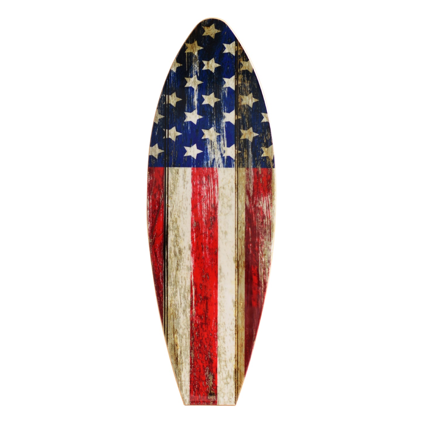 Rustic American Flag Surfboard Plaque featuring distressed Stars and Stripes artwork on a wood-look MDF surfboard, ideal for patriotic homes, beach houses, lake houses, cabins, patios, and coastal décor.