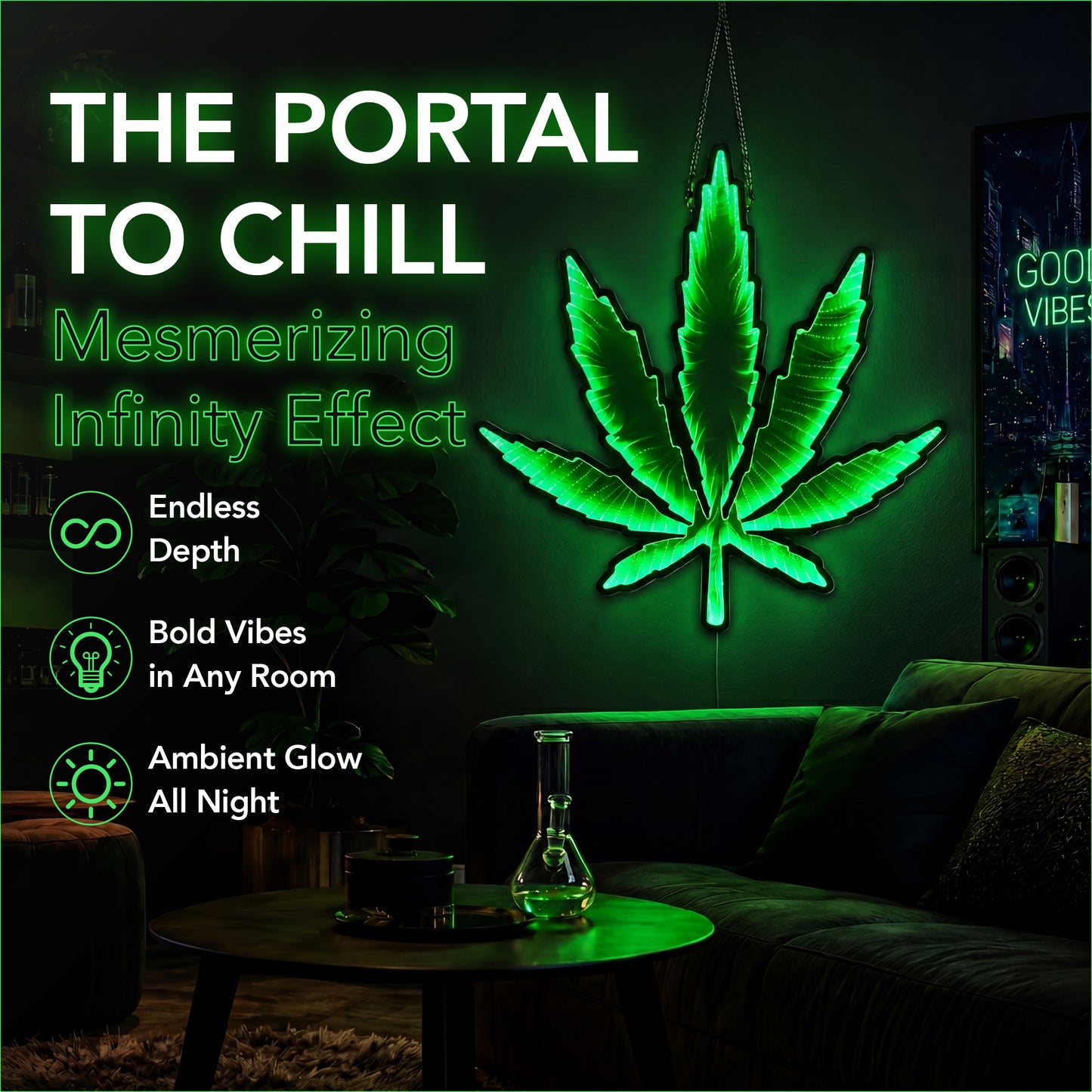 Green Marijuana Leaf Infinity Mirror LED Neon Wall Sign with glowing 3D tunnel lighting effect displayed as modern decor for a smoke lounge, gaming room, bedroom, or dispensary.