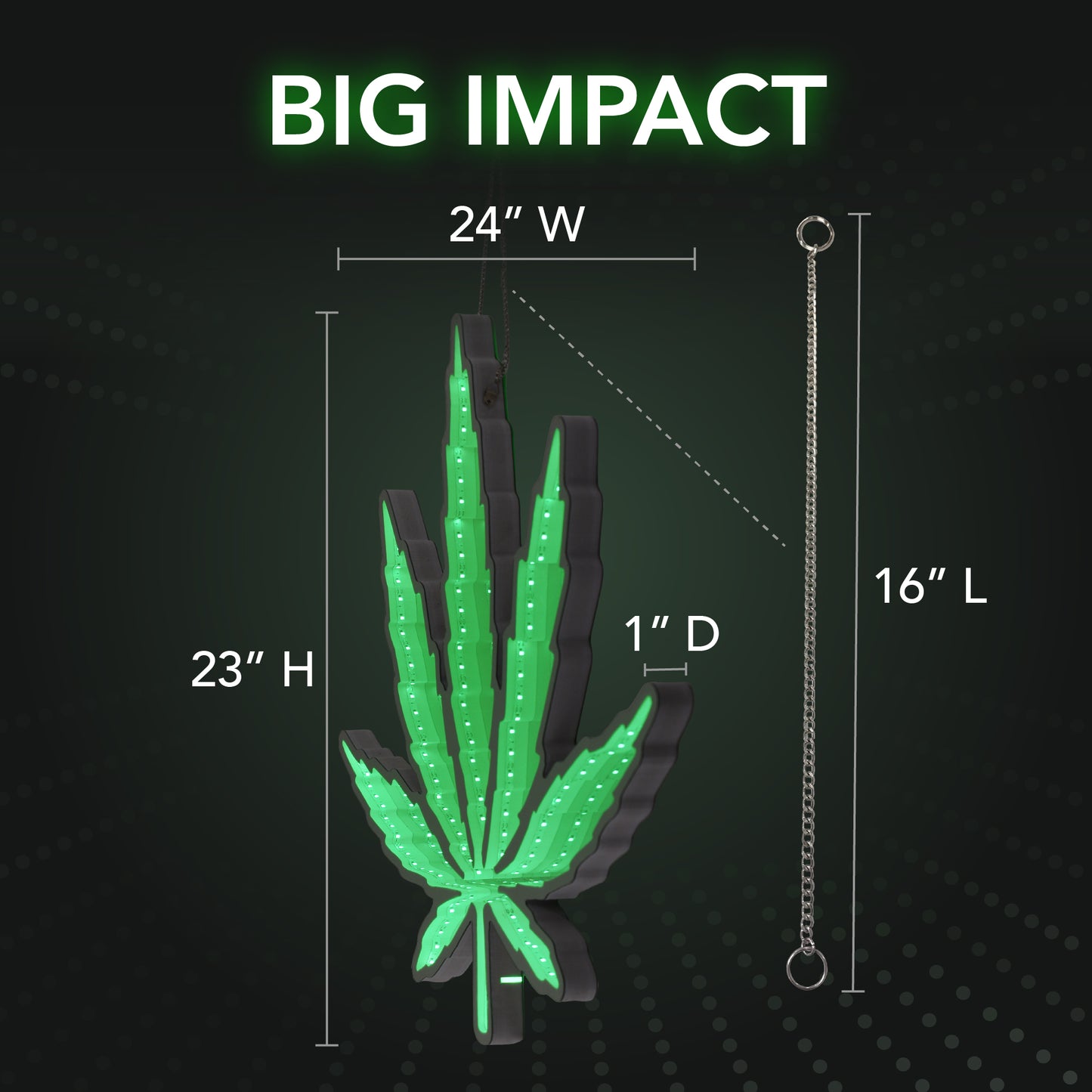 Green Marijuana Leaf Infinity Mirror LED Neon Wall Sign with glowing 3D tunnel lighting effect displayed as modern decor for a smoke lounge, gaming room, bedroom, or dispensary.