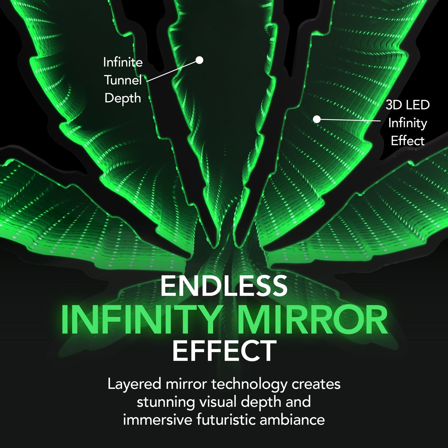 Green Marijuana Leaf Infinity Mirror LED Neon Wall Sign with glowing 3D tunnel lighting effect displayed as modern decor for a smoke lounge, gaming room, bedroom, or dispensary.