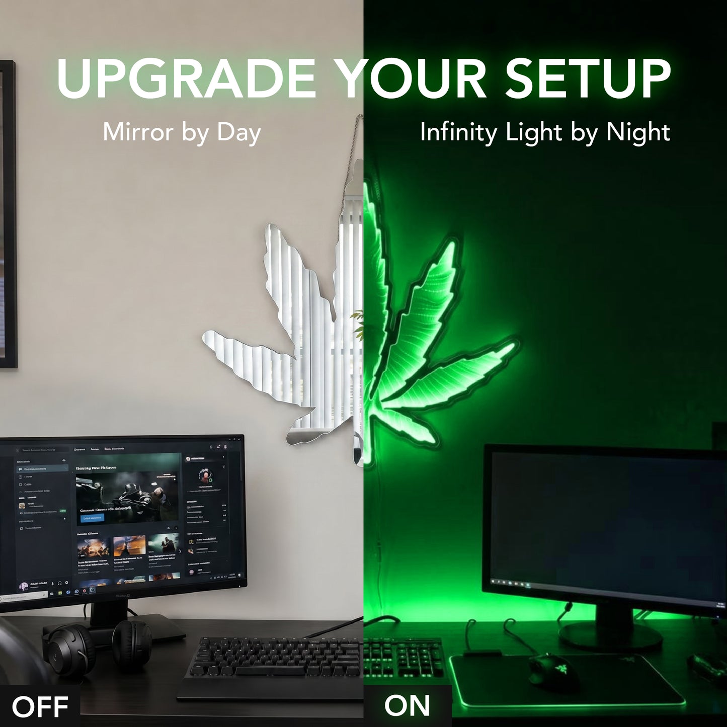 Green Marijuana Leaf Infinity Mirror LED Neon Wall Sign with glowing 3D tunnel lighting effect displayed as modern decor for a smoke lounge, gaming room, bedroom, or dispensary.