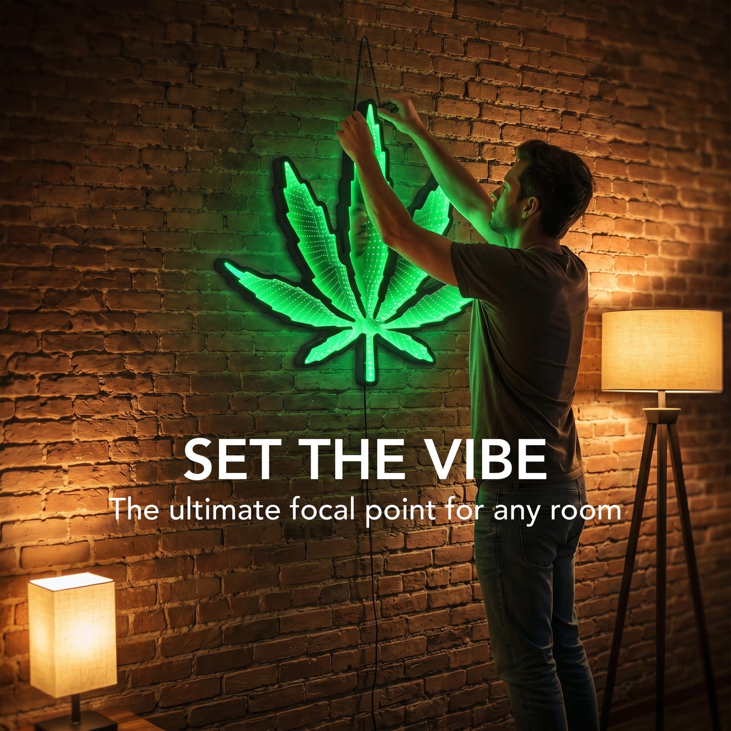 Green Marijuana Leaf Infinity Mirror LED Neon Wall Sign with glowing 3D tunnel lighting effect displayed as modern decor for a smoke lounge, gaming room, bedroom, or dispensary.