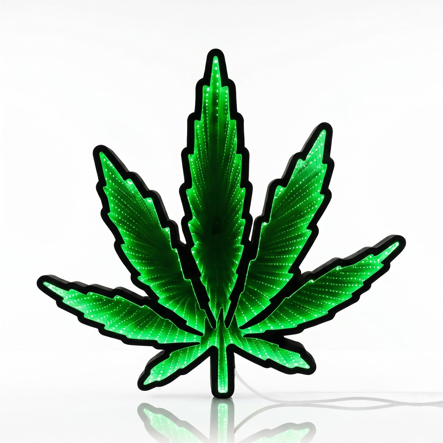 Green Marijuana Leaf Infinity Mirror LED Neon Wall Sign with glowing 3D tunnel lighting effect displayed as modern decor for a smoke lounge, gaming room, bedroom, or dispensary.