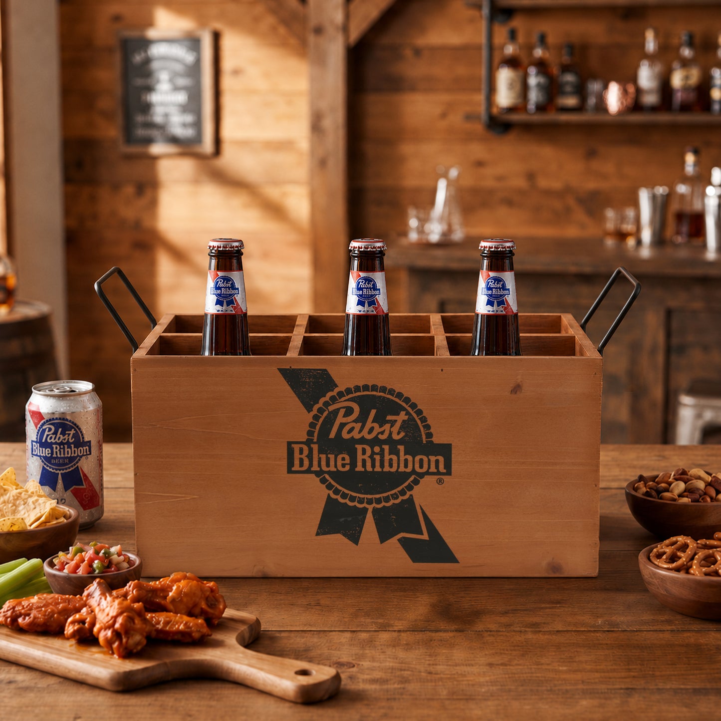 Officially licensed Pabst Blue Ribbon rustic wooden six bottle storage crate with black metal handles and divided compartments displayed as a vintage beer caddy for home bars and man caves.