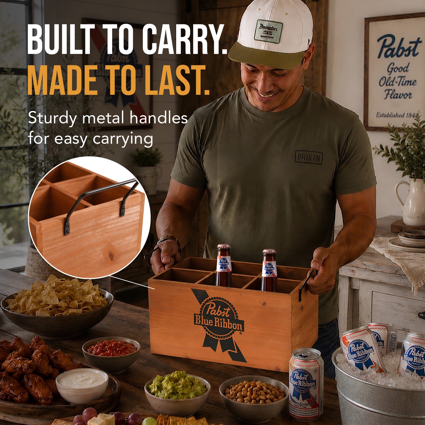 Pabst Blue Ribbon Wooden 6 Bottle Crate Beer Caddy Storage Box