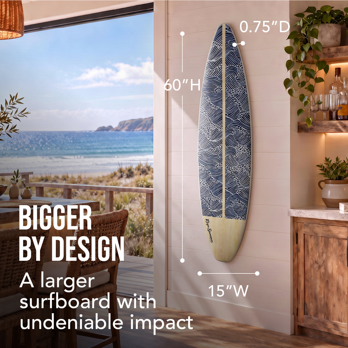 60" Ocean Wave Surfboard Wall Decor, Coastal Beach House Wall Art