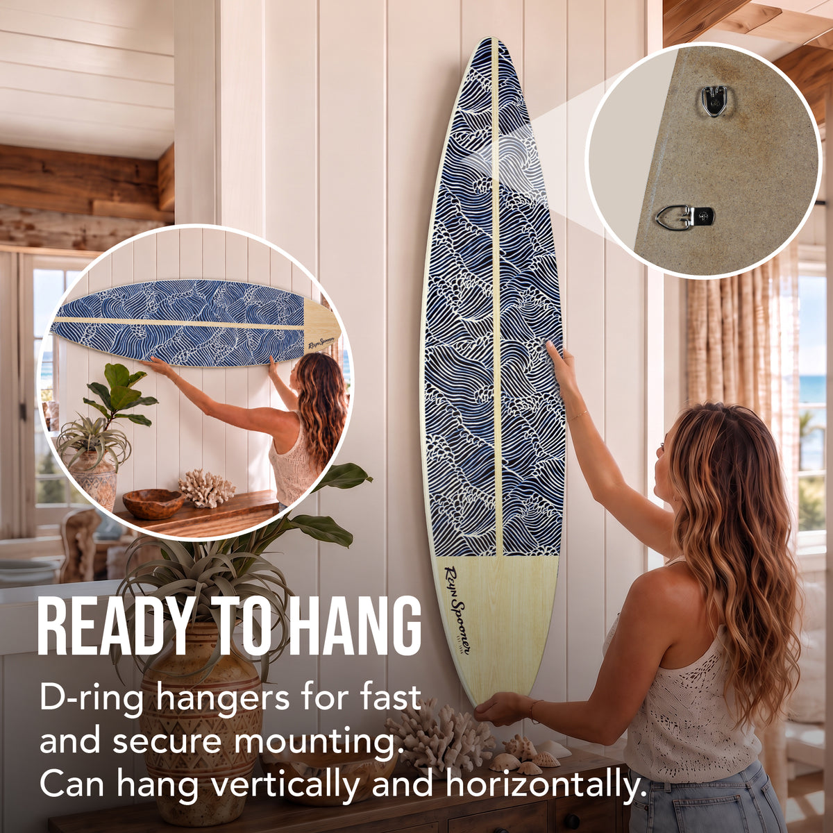 60" Ocean Wave Surfboard Wall Decor, Coastal Beach House Wall Art