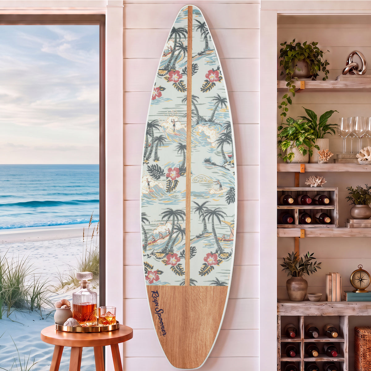 60" Tropical Surfboard Wall Decor, Coastal Beach House Wall Art