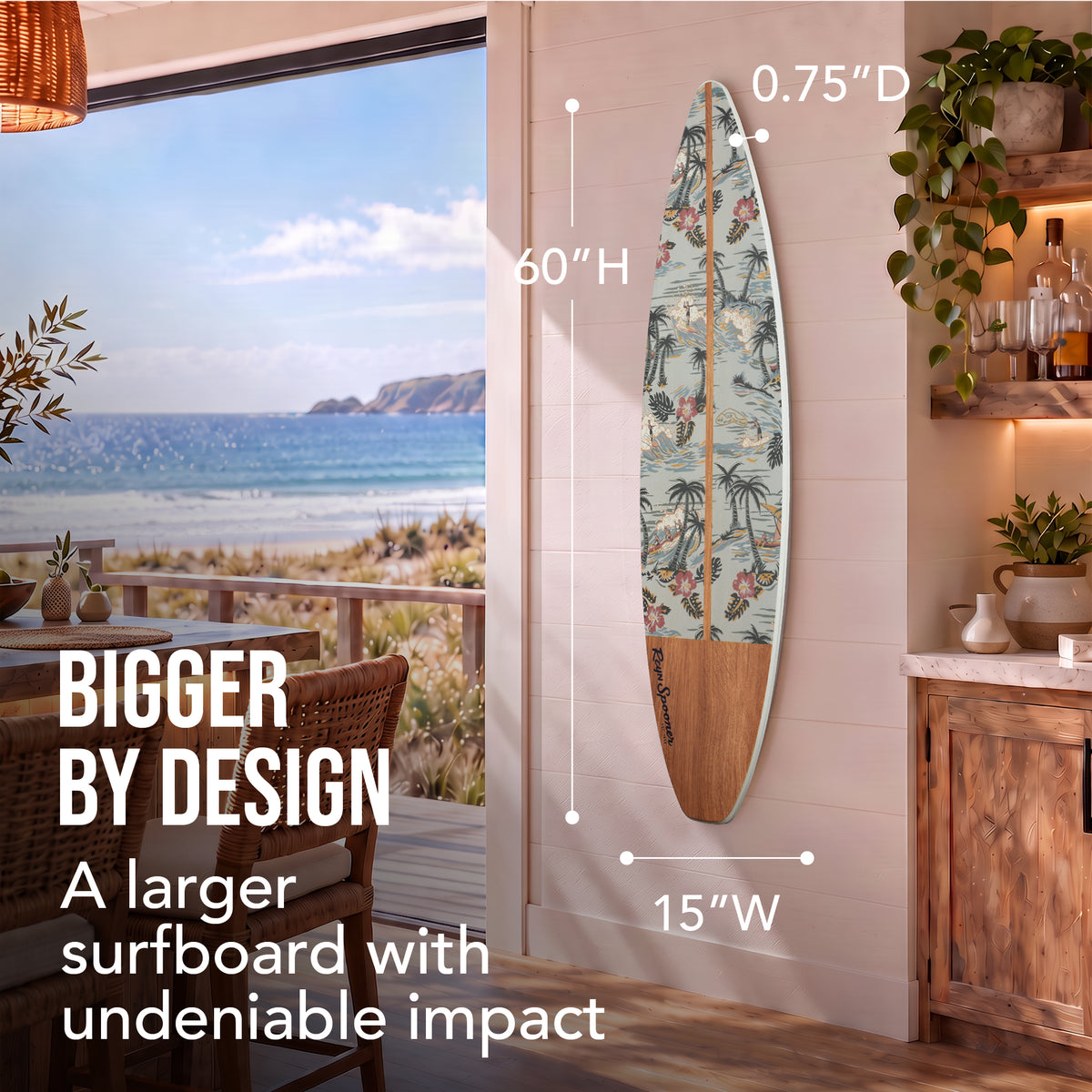 60" Tropical Surfboard Wall Decor, Coastal Beach House Wall Art