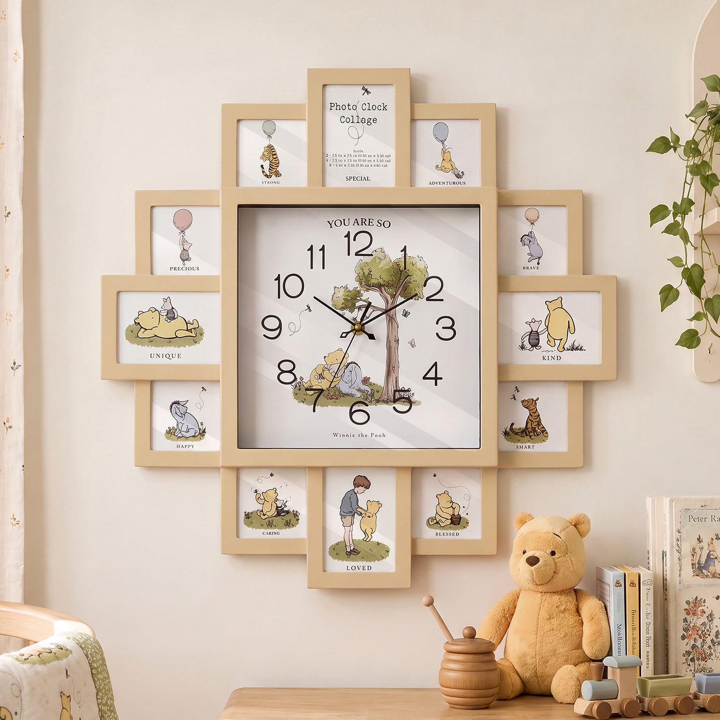 Disney Winnie-the-Pooh tan photo collage wall clock featuring twelve picture frame openings with Pooh, Piglet, Tigger, and Eeyore artwork for nursery, bedroom, or family room décor.