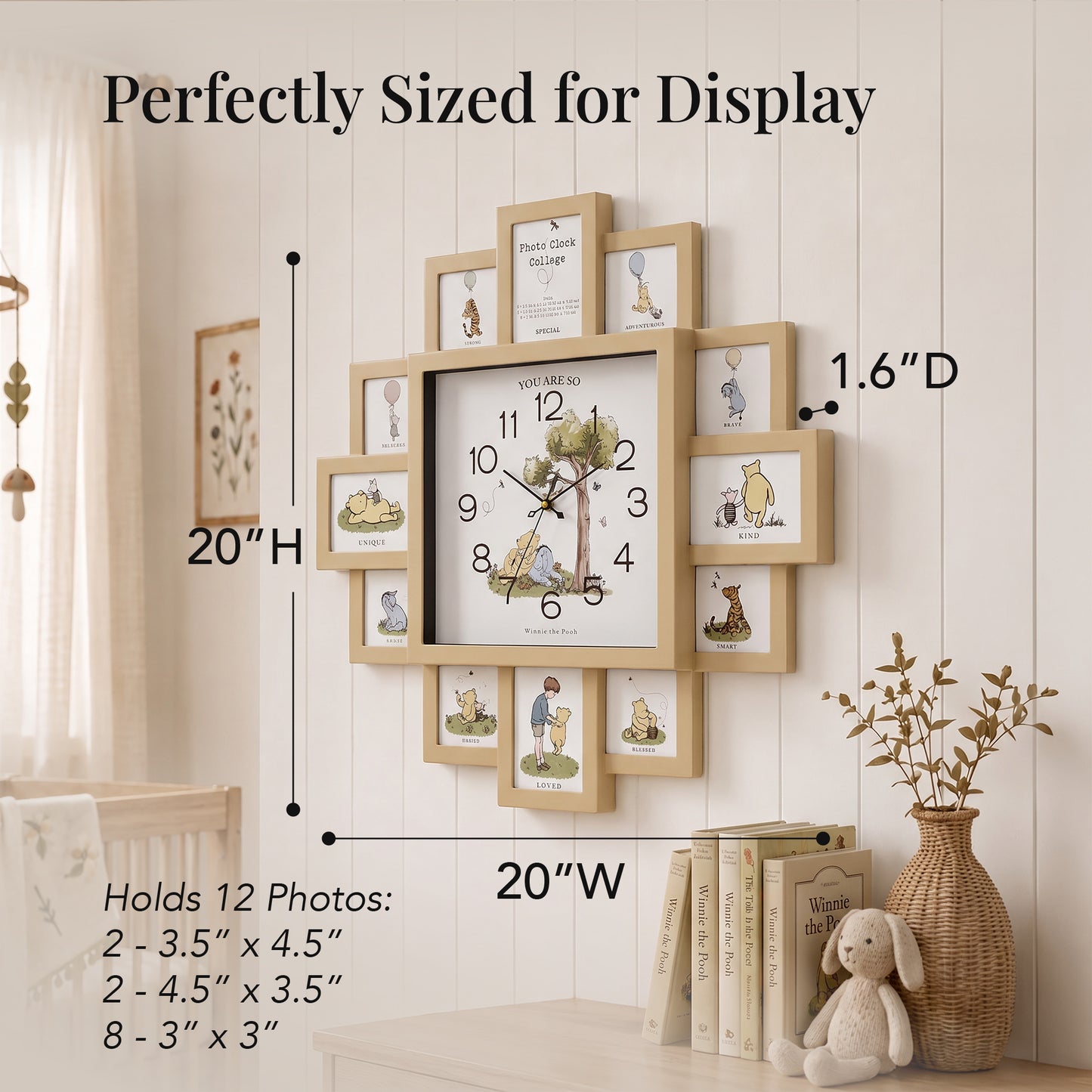 Disney Winnie-the-Pooh tan photo collage wall clock featuring twelve picture frame openings with Pooh, Piglet, Tigger, and Eeyore artwork for nursery, bedroom, or family room décor.