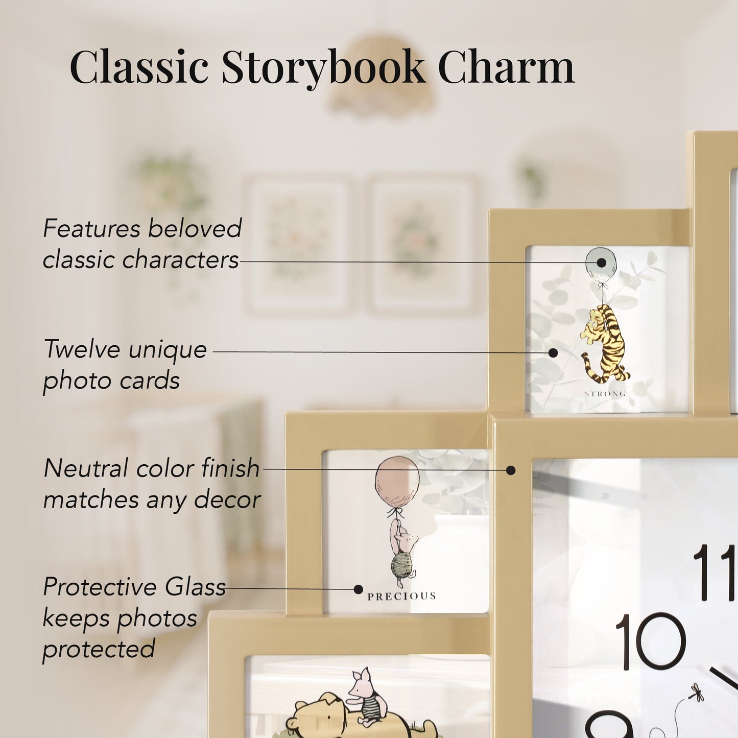 Disney Winnie-the-Pooh tan photo collage wall clock featuring twelve picture frame openings with Pooh, Piglet, Tigger, and Eeyore artwork for nursery, bedroom, or family room décor.