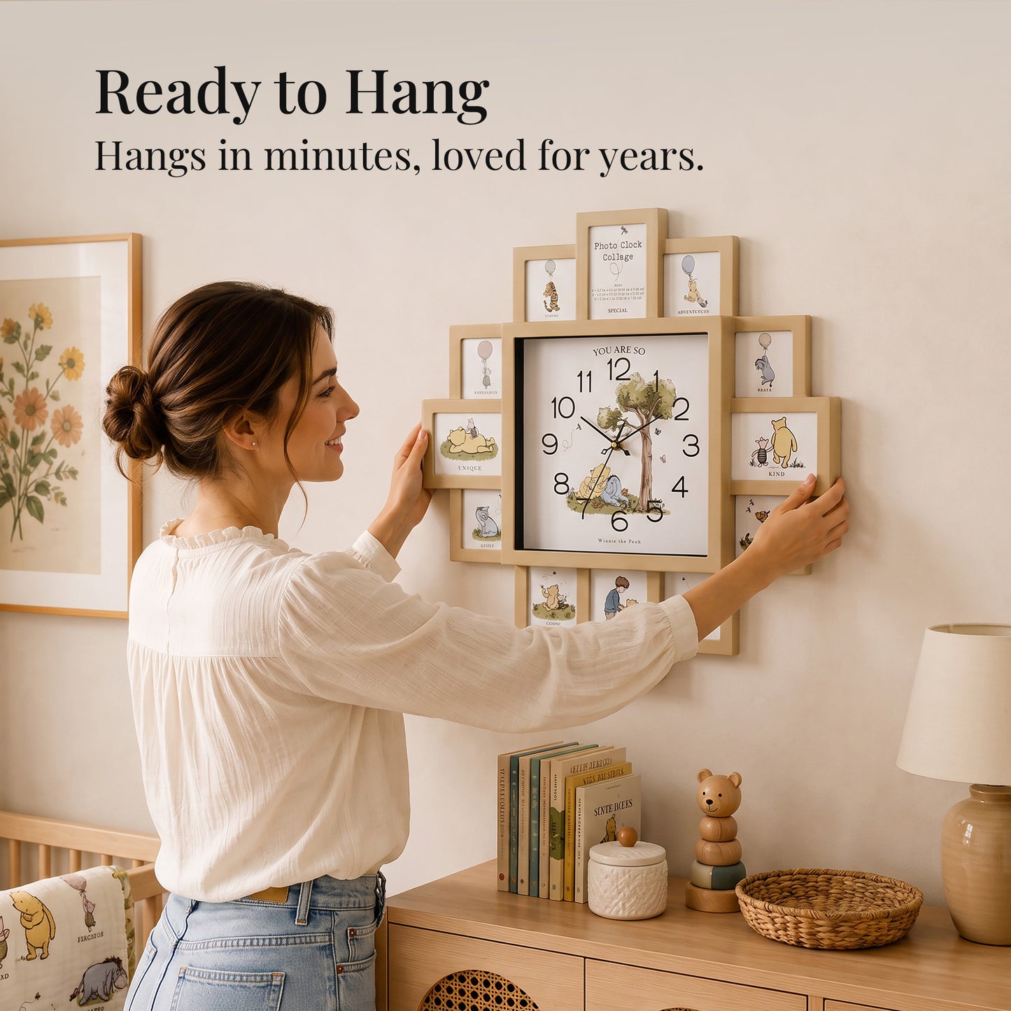 Disney Winnie-the-Pooh tan photo collage wall clock featuring twelve picture frame openings with Pooh, Piglet, Tigger, and Eeyore artwork for nursery, bedroom, or family room décor.