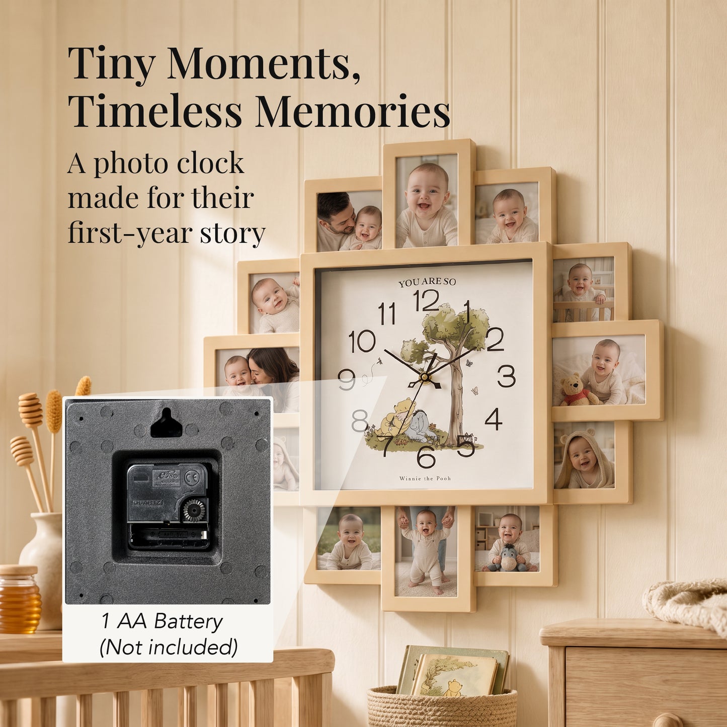 Disney Winnie-the-Pooh tan photo collage wall clock featuring twelve picture frame openings with Pooh, Piglet, Tigger, and Eeyore artwork for nursery, bedroom, or family room décor.