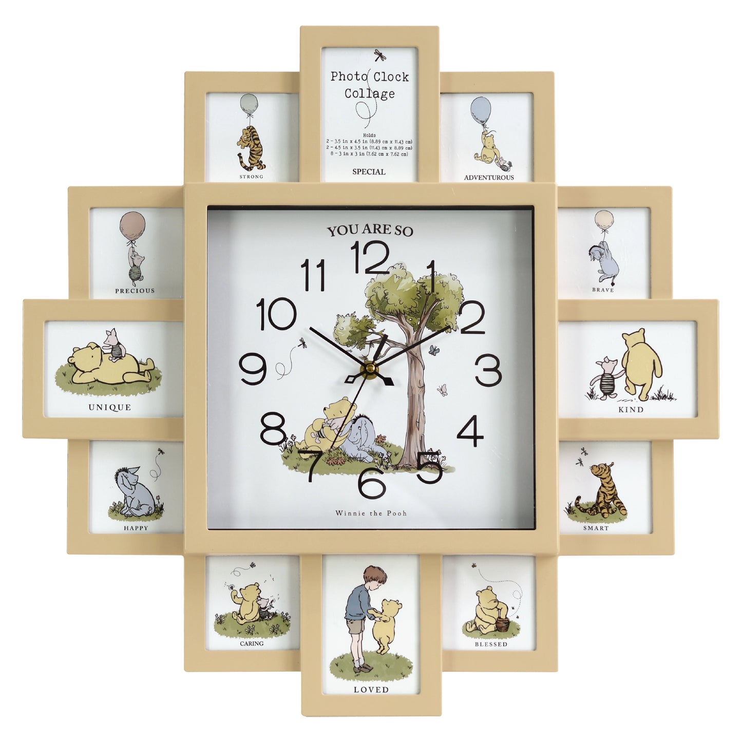 Disney Winnie-the-Pooh tan photo collage wall clock featuring twelve picture frame openings with Pooh, Piglet, Tigger, and Eeyore artwork for nursery, bedroom, or family room décor.