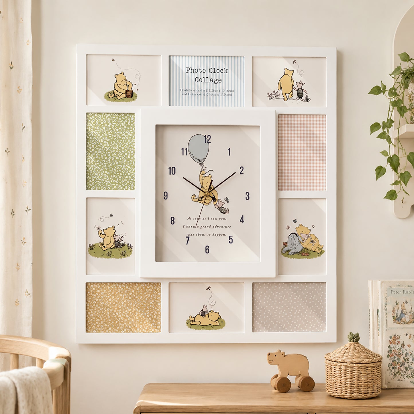 Disney Winnie-the-Pooh white photo collage wall clock with ten picture openings, including six landscape 6x4 and four portrait 4x6 frames, perfect for nursery and family wall décor.