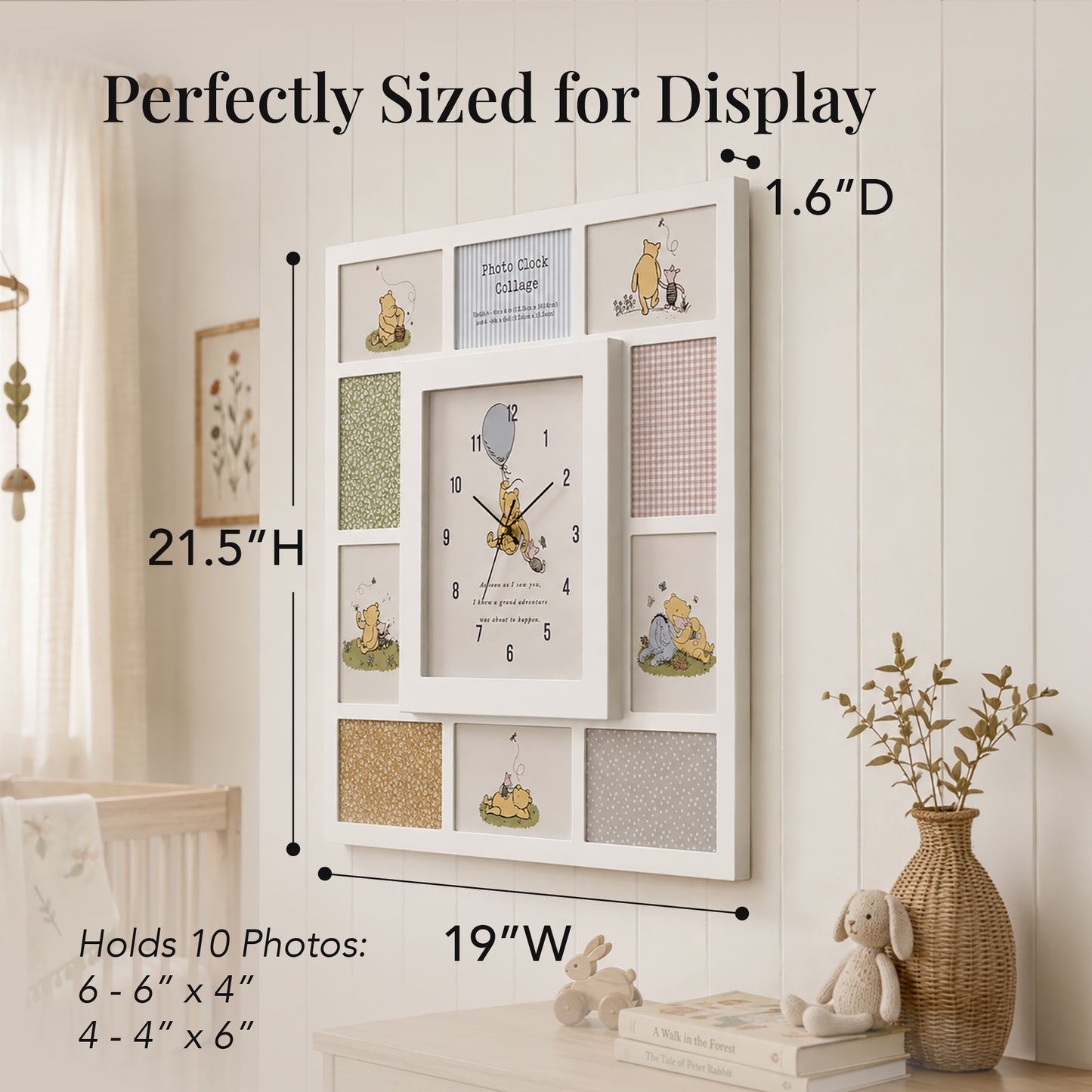 Disney Winnie-the-Pooh white photo collage wall clock with ten picture openings, including six landscape 6x4 and four portrait 4x6 frames, perfect for nursery and family wall décor.