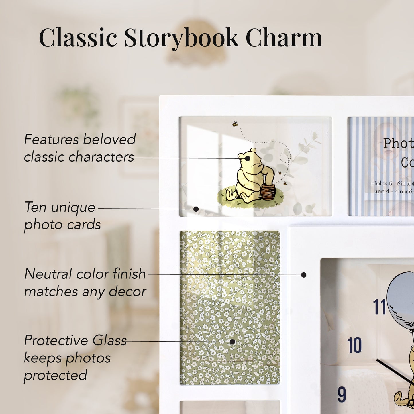 Disney Winnie-the-Pooh white photo collage wall clock with ten picture openings, including six landscape 6x4 and four portrait 4x6 frames, perfect for nursery and family wall décor.