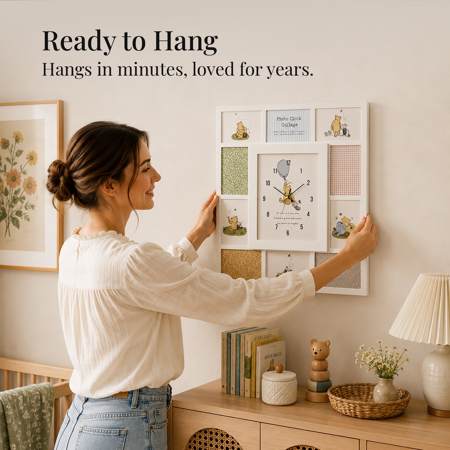 Disney Winnie-the-Pooh white photo collage wall clock with ten picture openings, including six landscape 6x4 and four portrait 4x6 frames, perfect for nursery and family wall décor.