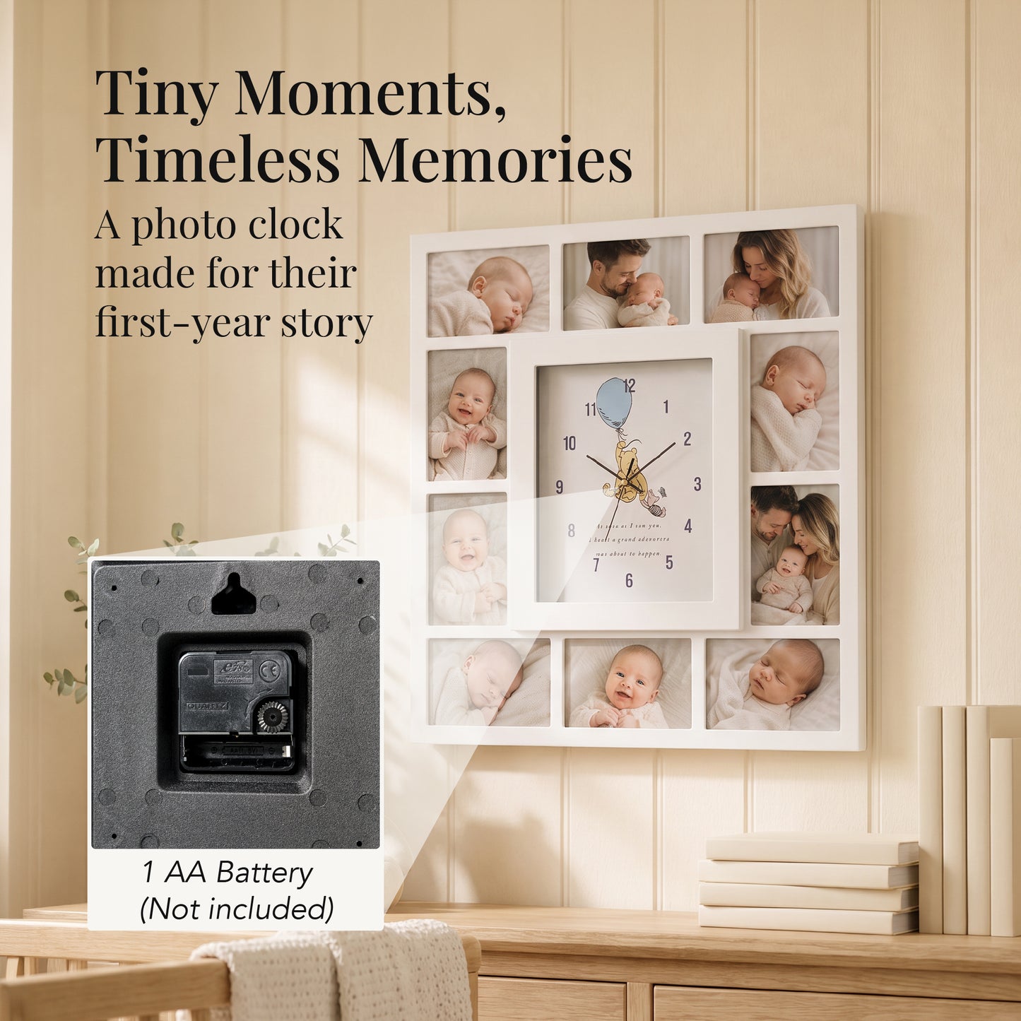 Disney Winnie-the-Pooh white photo collage wall clock with ten picture openings, including six landscape 6x4 and four portrait 4x6 frames, perfect for nursery and family wall décor.