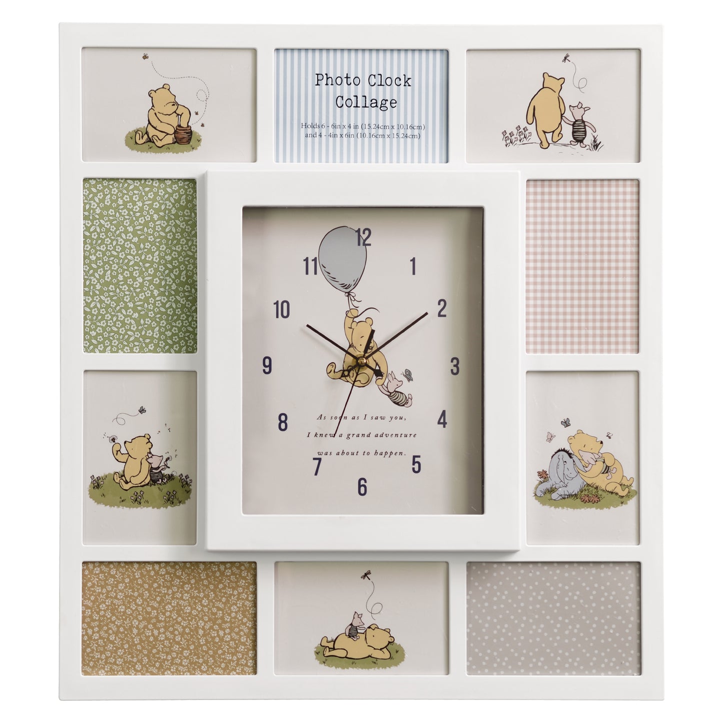 Disney Winnie-the-Pooh white photo collage wall clock with ten picture openings, including six landscape 6x4 and four portrait 4x6 frames, perfect for nursery and family wall décor.