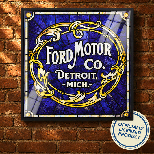 Vintage Ford Motor Co. Framed Stained Glass Style Wall Sign, Glass Panel Decor