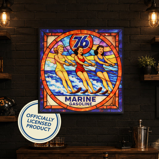 Vintage 76 Marine Gasoline Framed Strained Glass Style Wall Sign Decor, Glass Panel Decor
