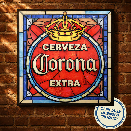 Vintage Corona Extra Cerveza Framed Stained Glass Style Wall Sign, Glass Panel Decor