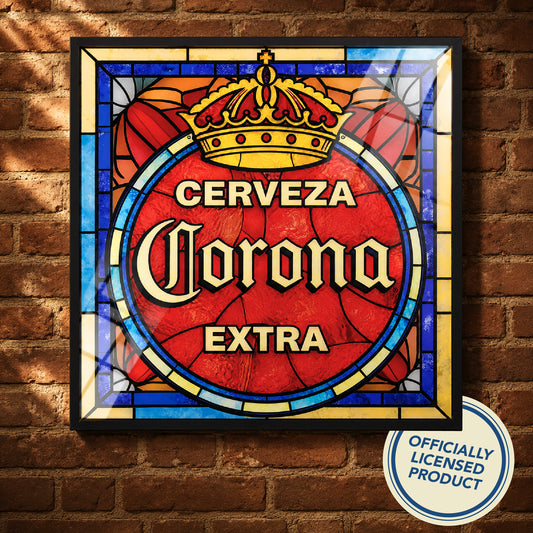 Vintage Corona Extra Cerveza Framed Stained Glass Style Wall Sign, Glass Panel Decor