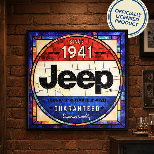 Vintage Jeep 1941 Framed Stained Glass Style Wall Sign, Glass Panel Decor