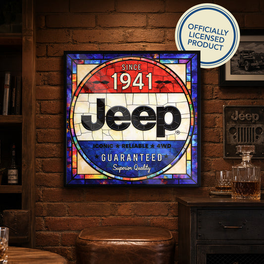 Vintage Jeep 1941 Framed Stained Glass Style Wall Sign, Glass Panel Decor