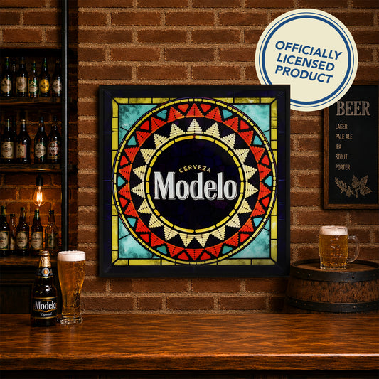 Vintage Modelo Cerveza Framed Stained Glass Style Wall Sign, Glass Panel Decor