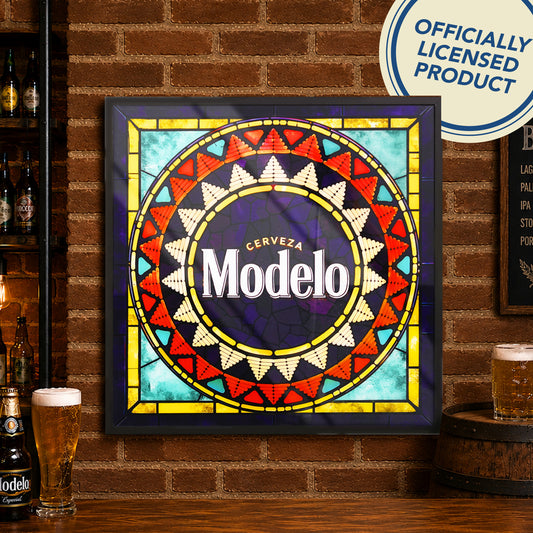 Vintage Modelo Cerveza Framed Stained Glass Style Wall Sign, Glass Panel Decor