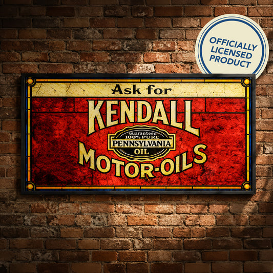 Vintage Kendall Motor-Oils Framed Stained Glass Wall Style Sign, Glass Panel Decor