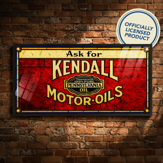 Vintage Kendall Motor-Oils Framed Stained Glass Wall Style Sign, Glass Panel Decor