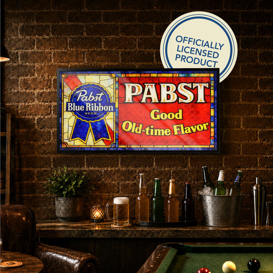 Vintage Pabst PBR Blue Ribbon Framed Stained Glass Style Wall Sign, Glass Panel Decor